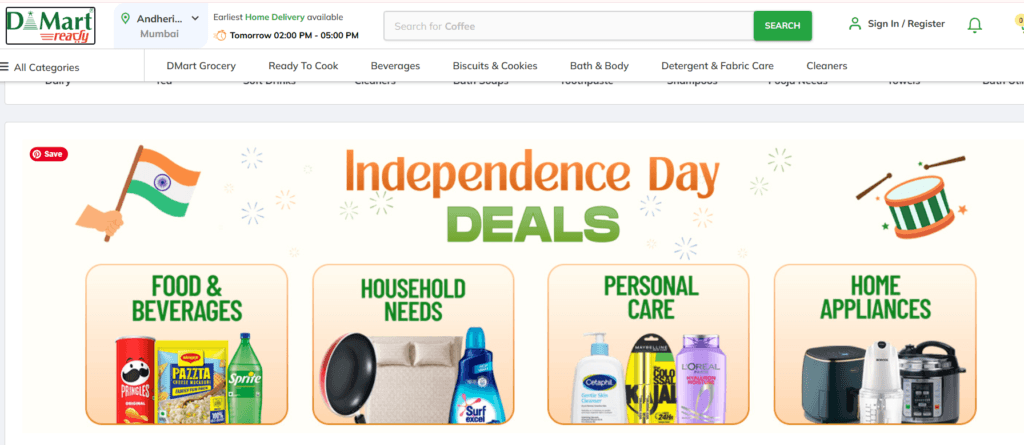 Dmart Independence Day Sale Offer Banner from the Website Dmart.in